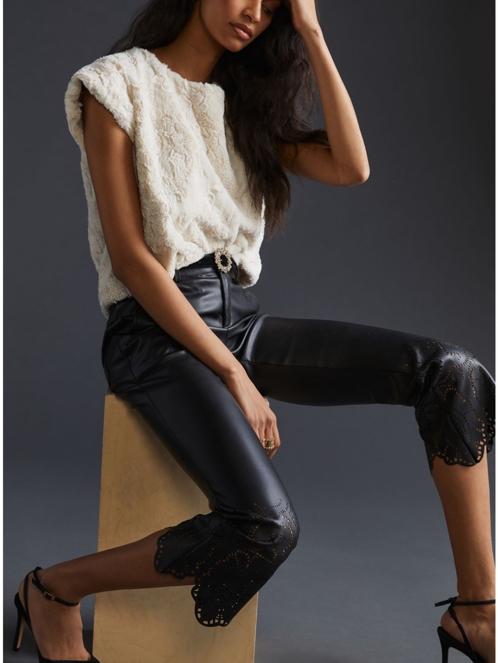 Maeve Plush Short-Sleeve Faux Fur Top in off white/cream
